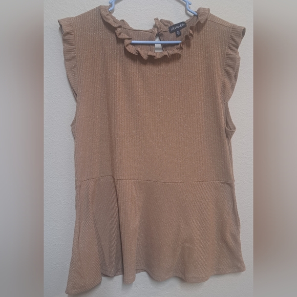 Olivia Blu Tops - Olivia Blu Womens XL Tan Metallic Ruffle Neck Sleeveless Peplum Blouse Top